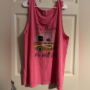 Comfort Colors Tank Top, Pink, size XL. camper, writing “the places we will go”